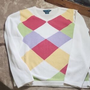 Astra Classic Women's White/Argyle Crew Neck Sweater 55%Cotton